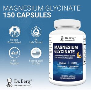 Dr. Berg Magnesium Glycinate 4-en-1 – 150 Capsules | Magnésium Bisglycinate Chélaté avec Vitamine D3, B6 & Zinc